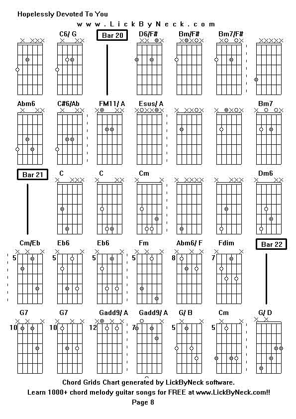 Chord Grids Chart of chord melody fingerstyle guitar song-Hopelessly Devoted To You,generated by LickByNeck software.